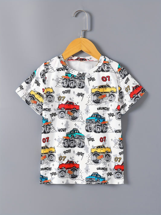 Toddler Boys Cartoon Graphic Tee - Allover Print, Casual Round Neck, Comfortable Summer Top for Kids